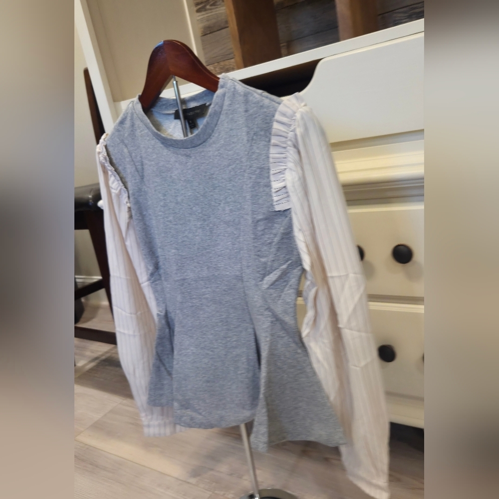 Dance & Marvel Heather Gray Sweater Blouse with Off White Pin Striped Sleeves